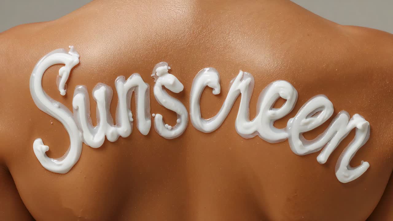 Pulling back camera revealing woman holding still at studio, showing sunscreen script on bare back