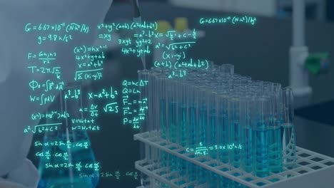 animación del procesamiento de datos científicos sobre tubos de ensayo en el laboratorio.