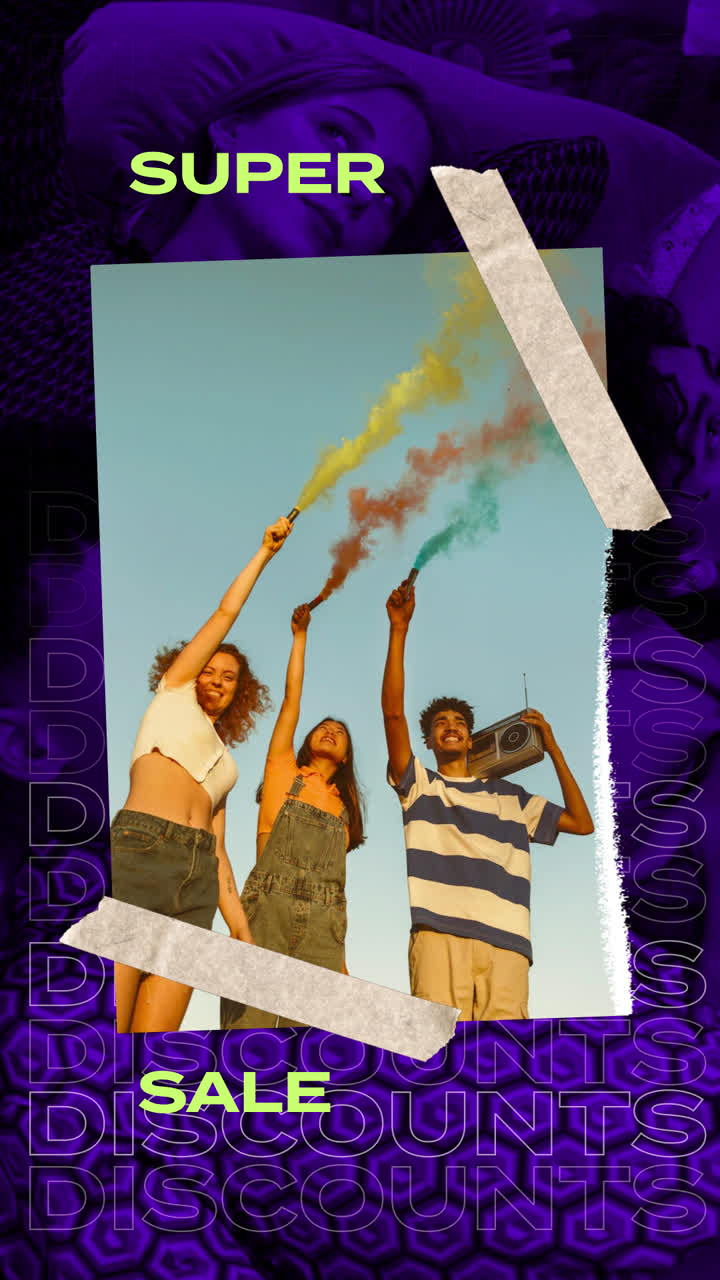 Young people celebrating with colored smoke bombs and a boombox during a sale promotion