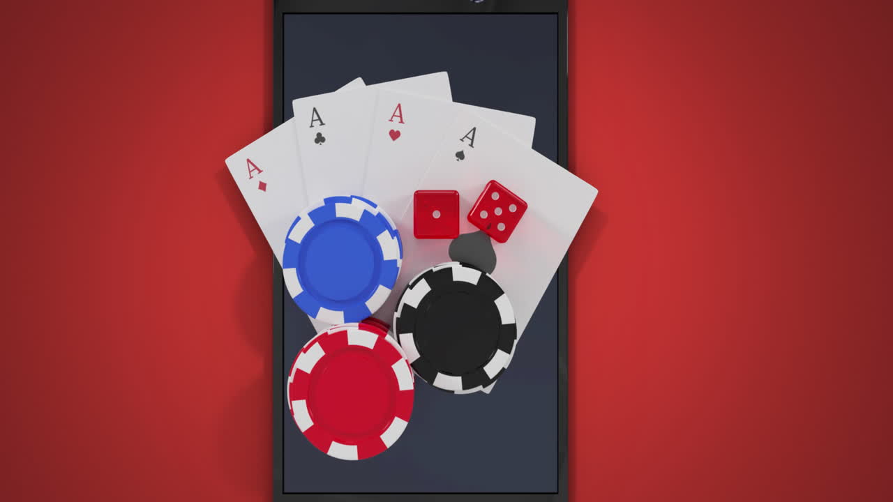 Animazione di fiches da casinò, dadi e carte da gioco su uno smartphone