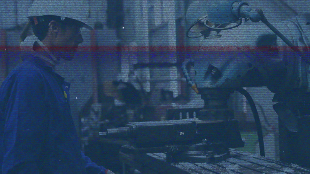 Operating machinery in factory, worker with animation effect and blue overlay