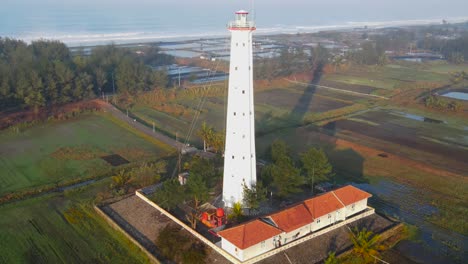 Orbit-drone-shot-of-lighthouse-on-the-beach