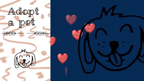 Animation-of-adopt-a-pet-and-hearts-floating-over-navy-background-with-dog