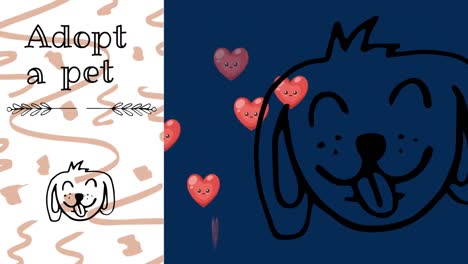 animation of adopt a pet and hearts floating over navy background with dog