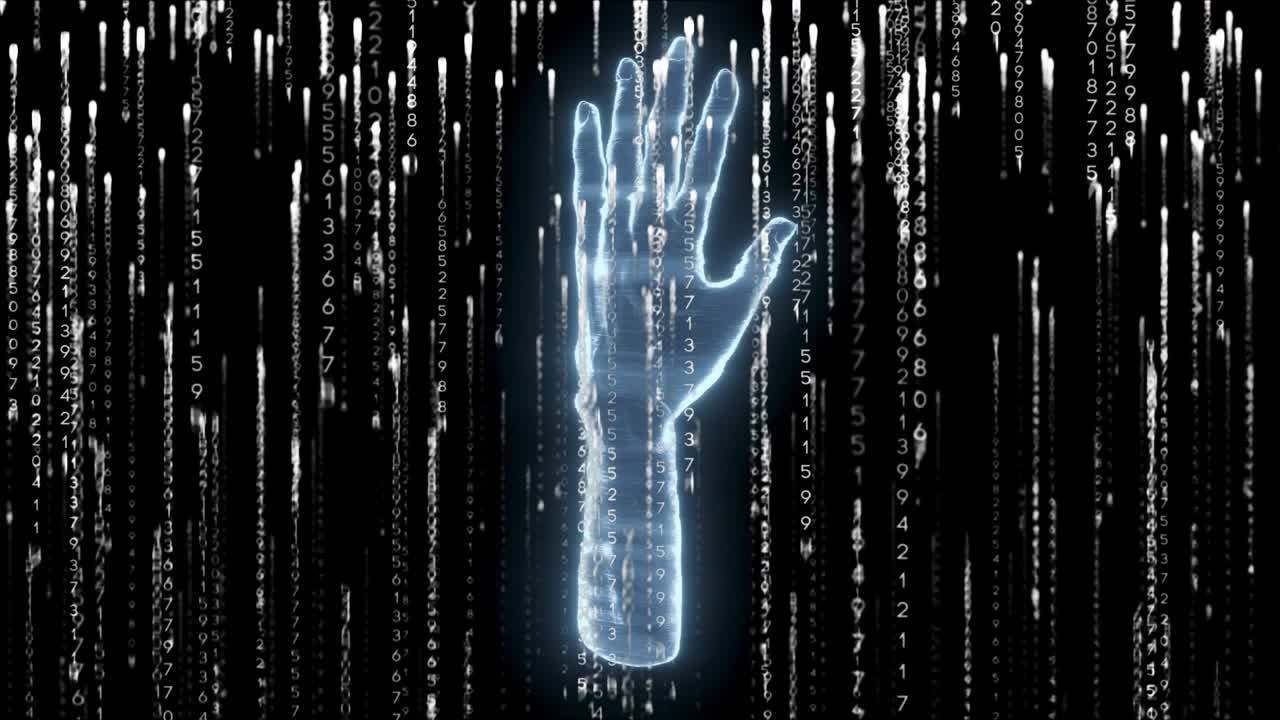 Avambraccio olografico che si forma, pulsa e ruota, generando flussi di cifre che cadono e mostrano i dati.