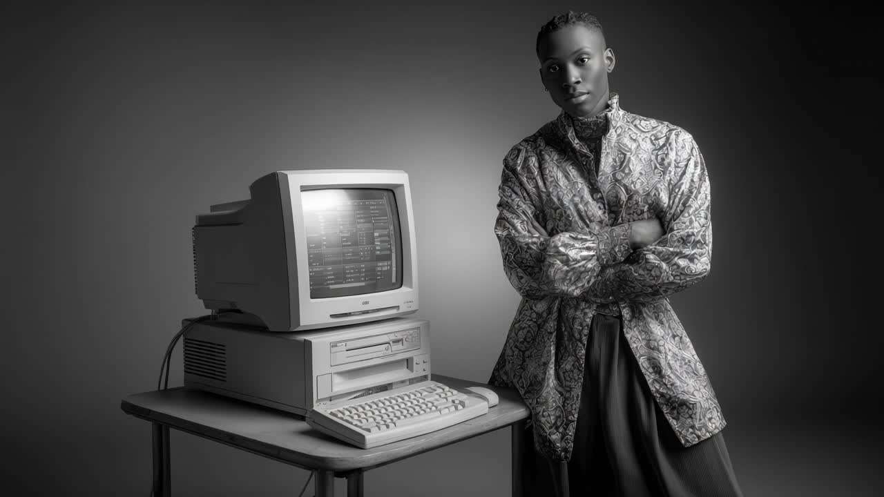 A Creative Blend of Fashion and Technology in Monochrome: Showcasing an Individual Interacting with a Classic Computer in Artistic Photography