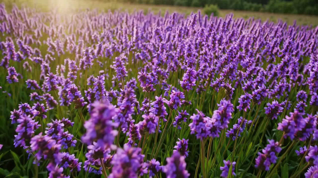 Vibrant lavender field at sunrise, captured from a low angle. The warm light enhances the purple