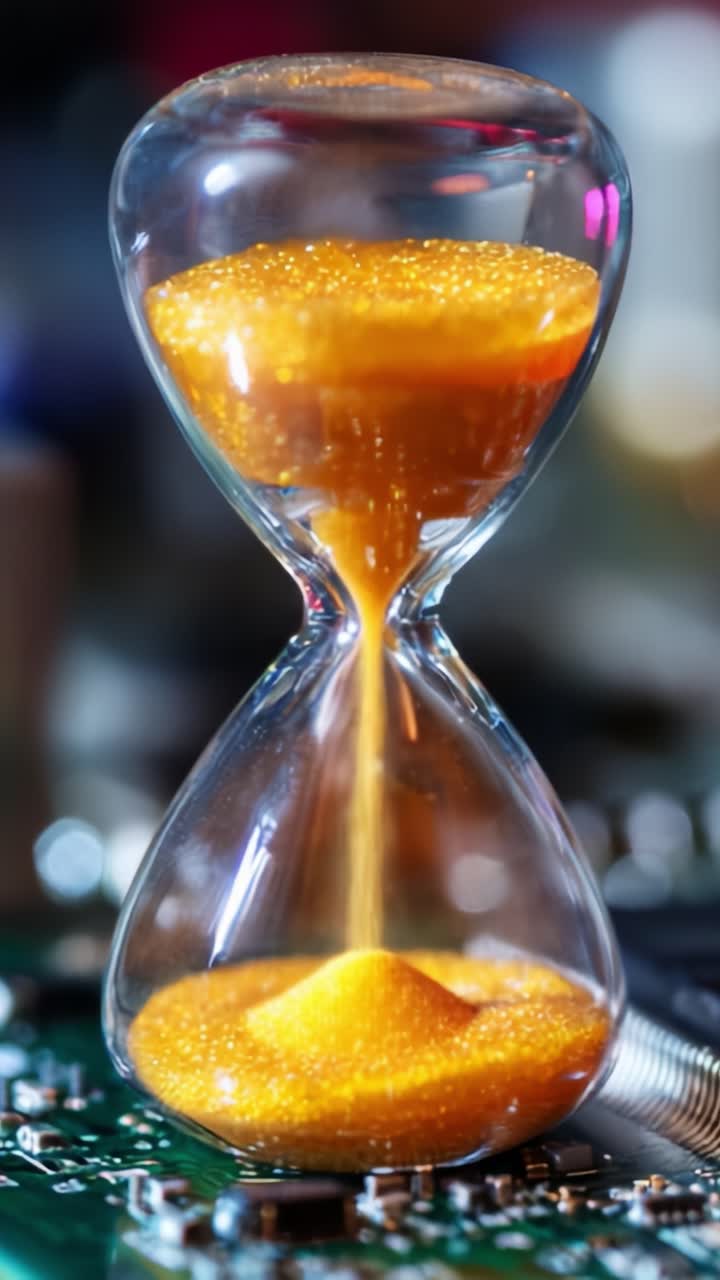 A Stunning Hourglass Capturing Time with Shimmering Orange Sand on a Circuit Board Background Illustrating the Essence of Time and Technology