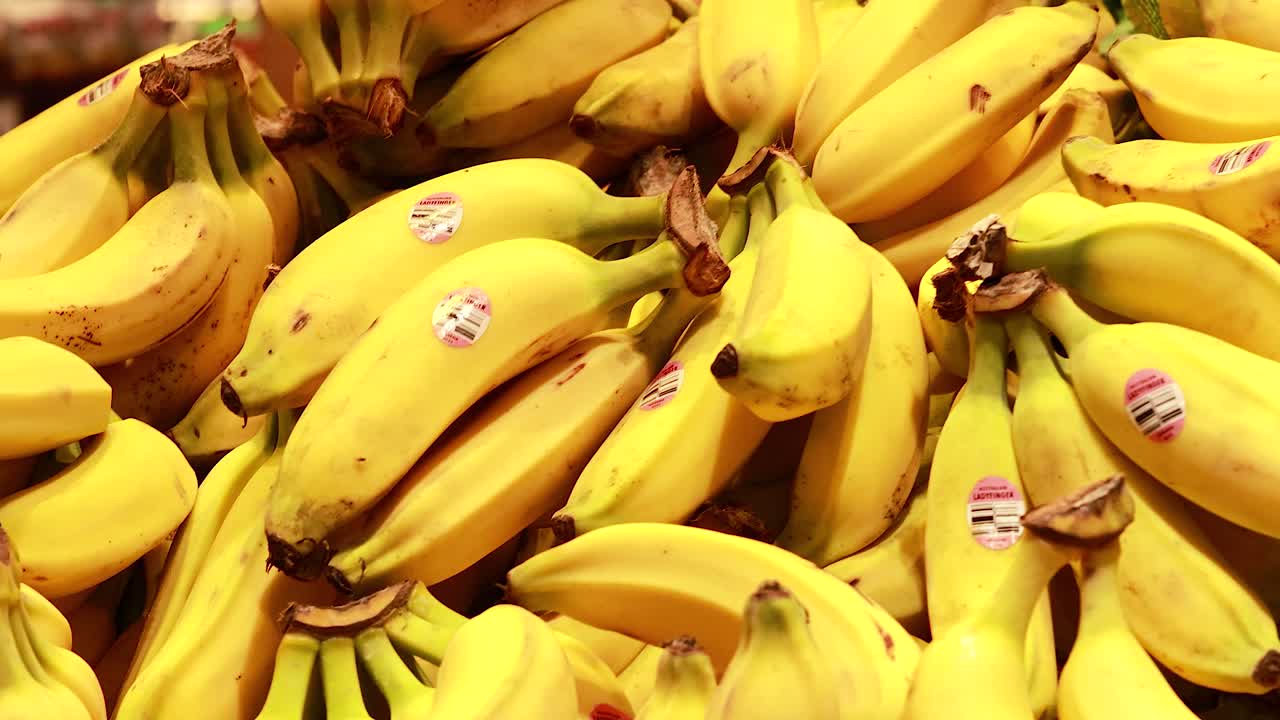 A vibrant display of bananas in a supermarket, showcasing fresh produce under bright lighting