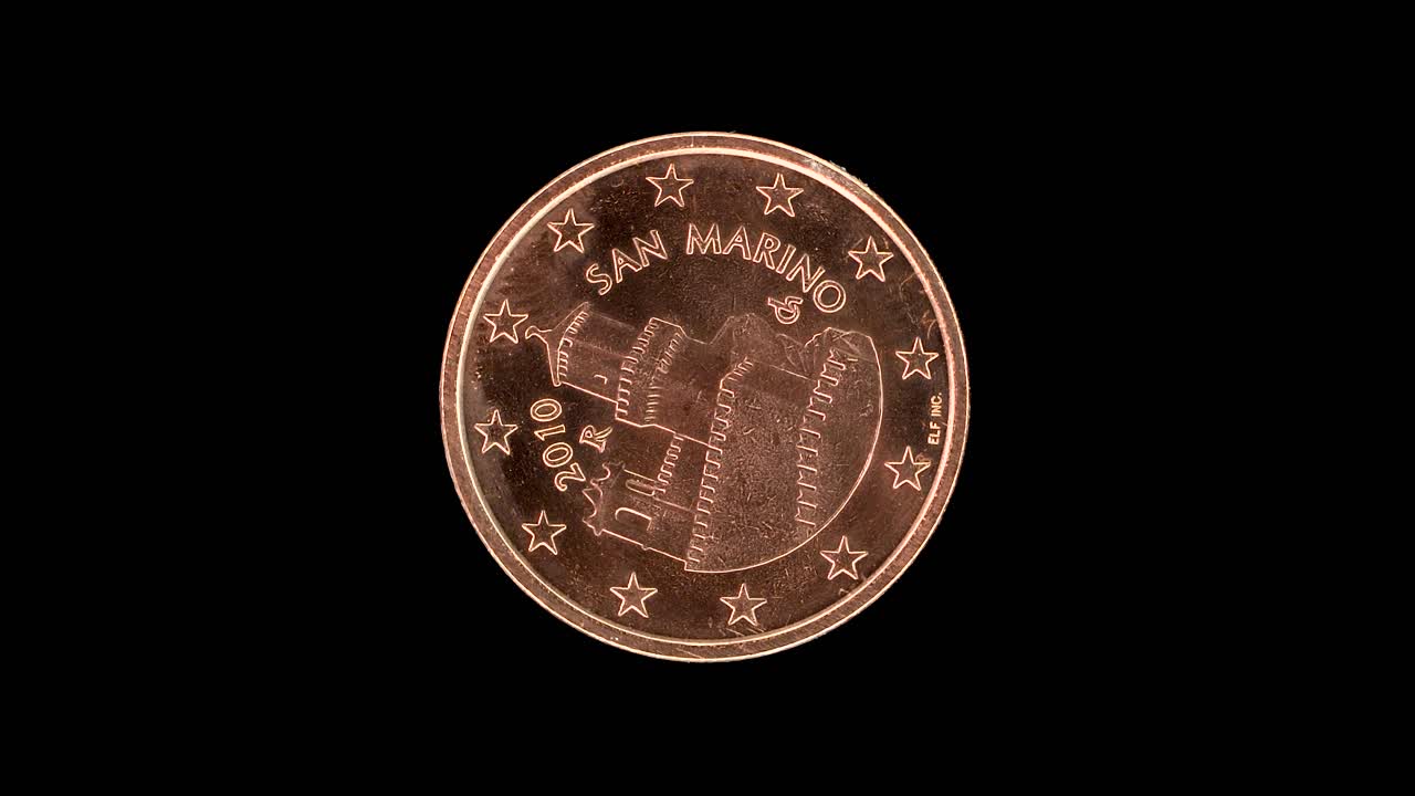 San Marino 5 euro cent rotates to show obverse fortress design on black background