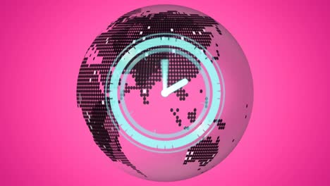 Animation-of-clock-with-turning-hands-on-rotating-globe,-over-pink-background