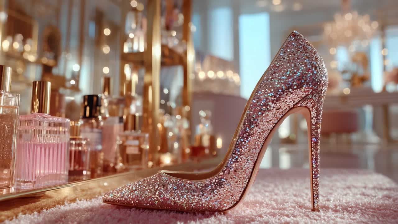 A Stunning Pink Glittering High Heel Shoe Set Against a Glamorous Boutique Background, Perfect for Capturing Elegance and Luxury in Fashion Moments