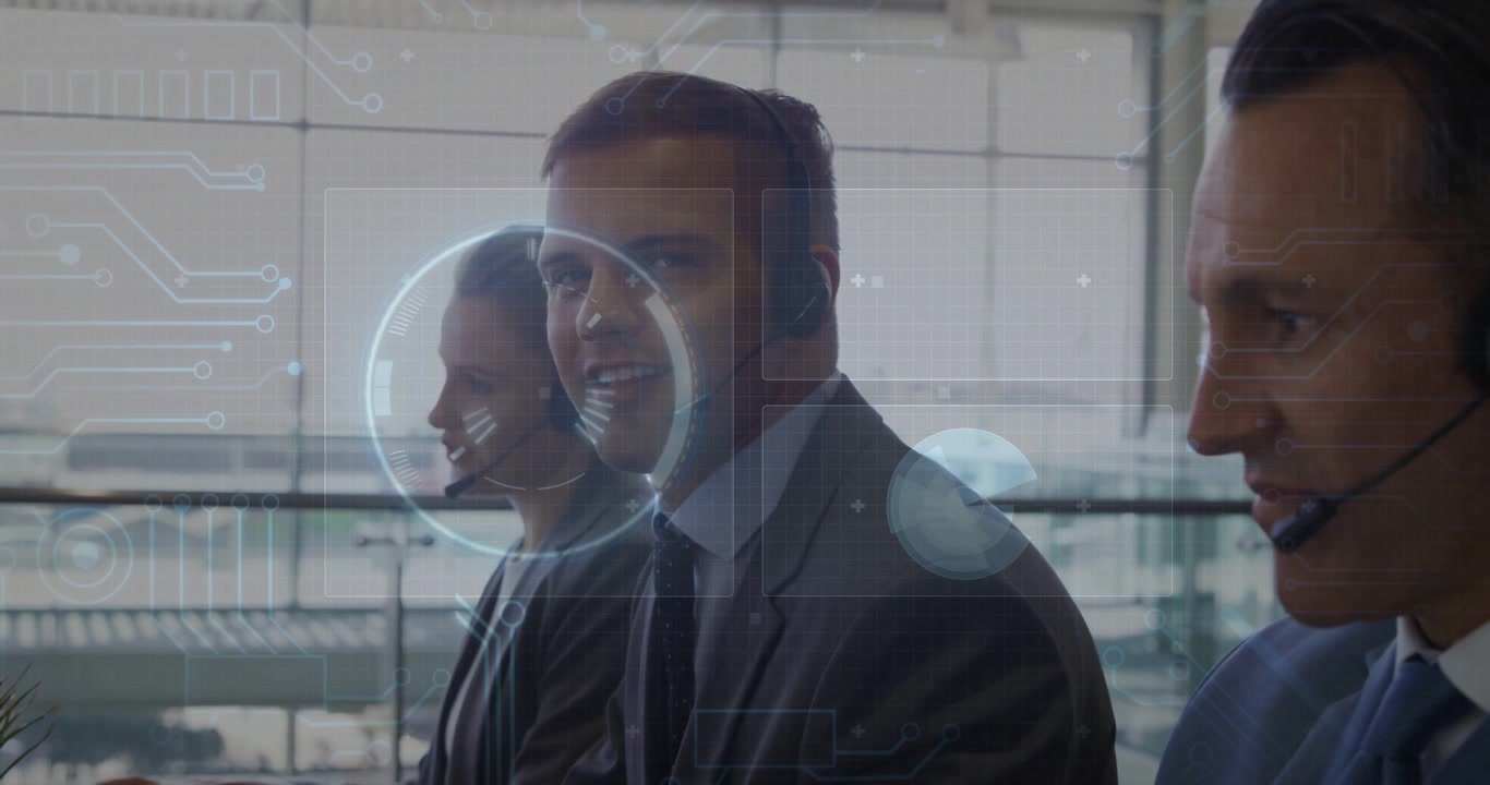 HUD fading urging center man in suit turning front speaking into headset at office keys clicking