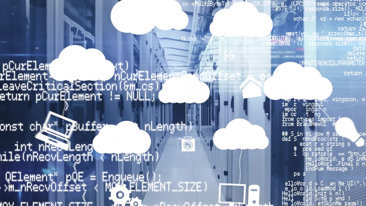 클라우드 아이콘의 애니메이션 및 컴퓨터 서버를 통해 데이터 처리