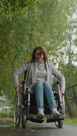 young person in wheelchair spends free time in green park. woman with injury smiles dreamily moving under birches. process of recovery after accident low angle shot