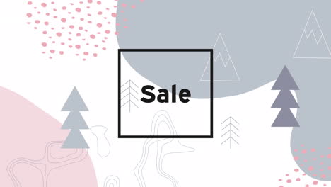 animation of sale text over christmas trees and mountains icons