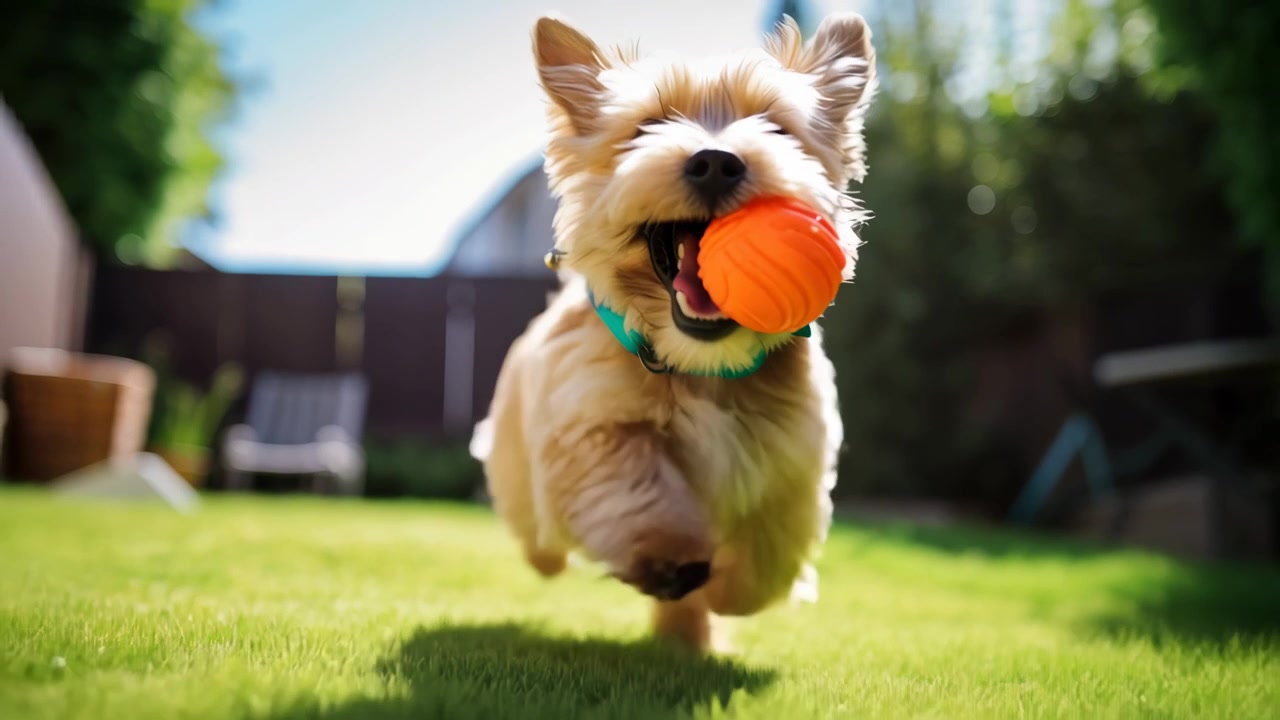 Cucciolo felice che corre con una palla arancione in un giardino soleggiato