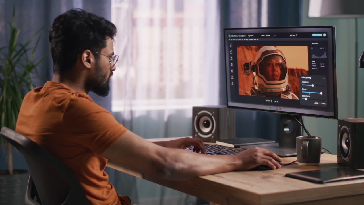 Man editing astronaut image on a computer
