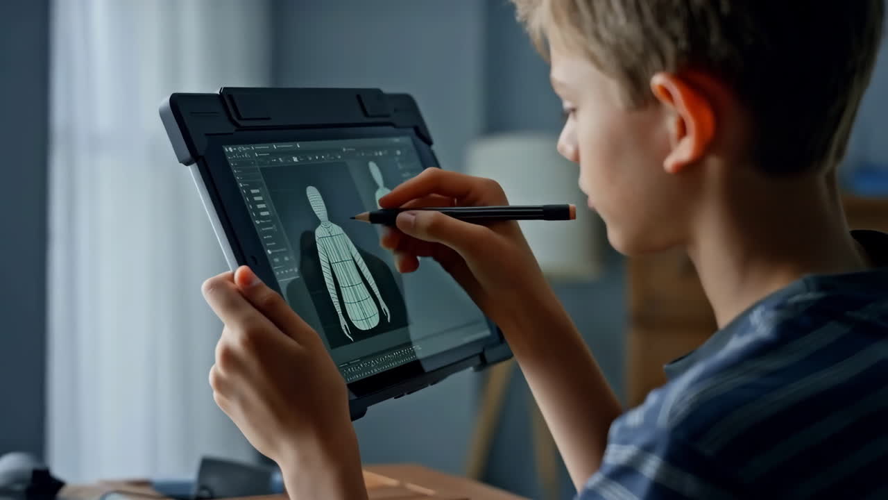 Young Person Digitally Sculpting a 3D Character Model on a Tablet