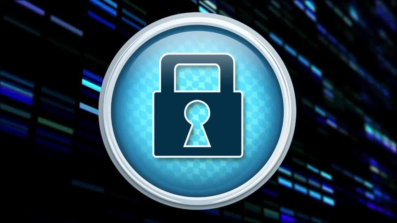 animación de la red de conexiones y el candado de seguridad en línea sobre un fondo oscuro