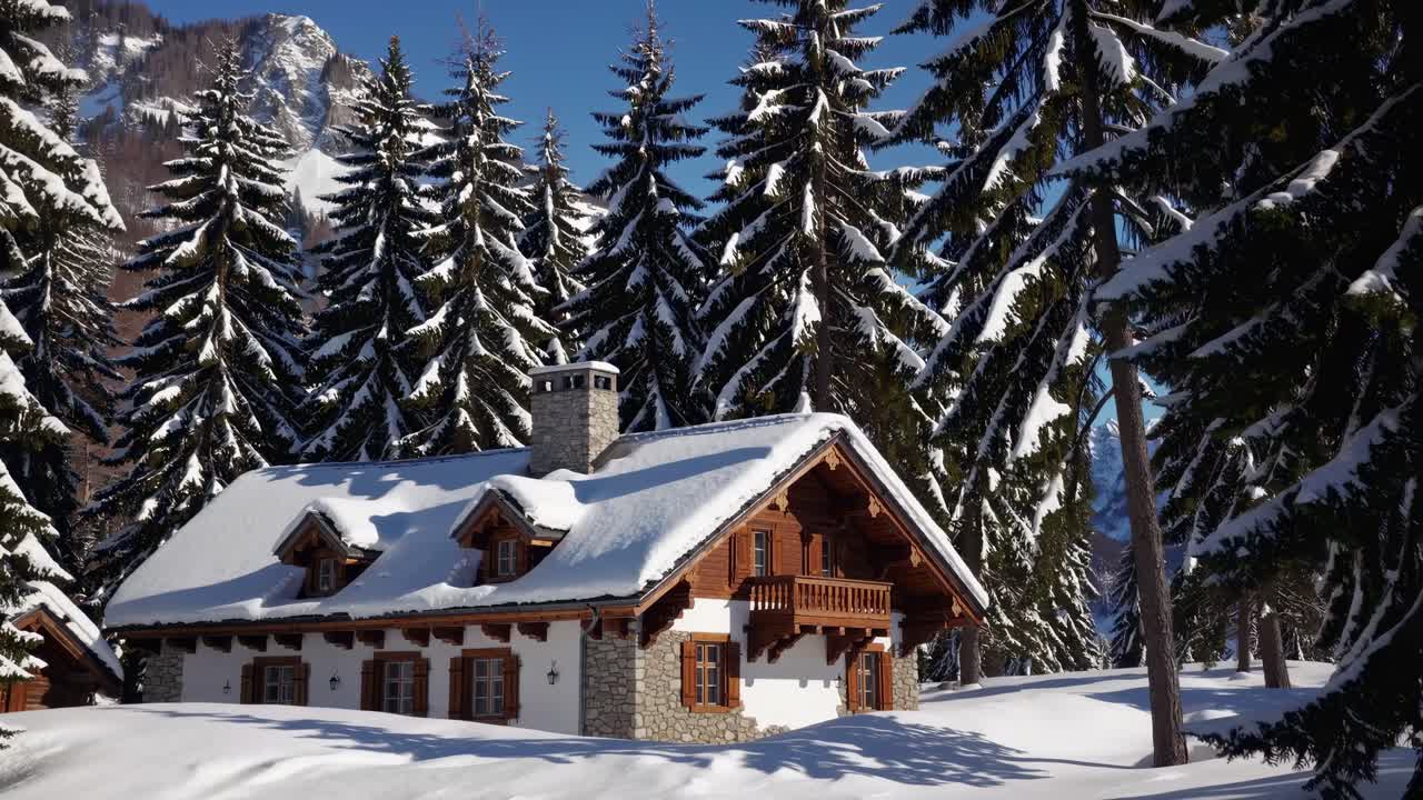 Snowy Mountain Chalet in a Pine Forest