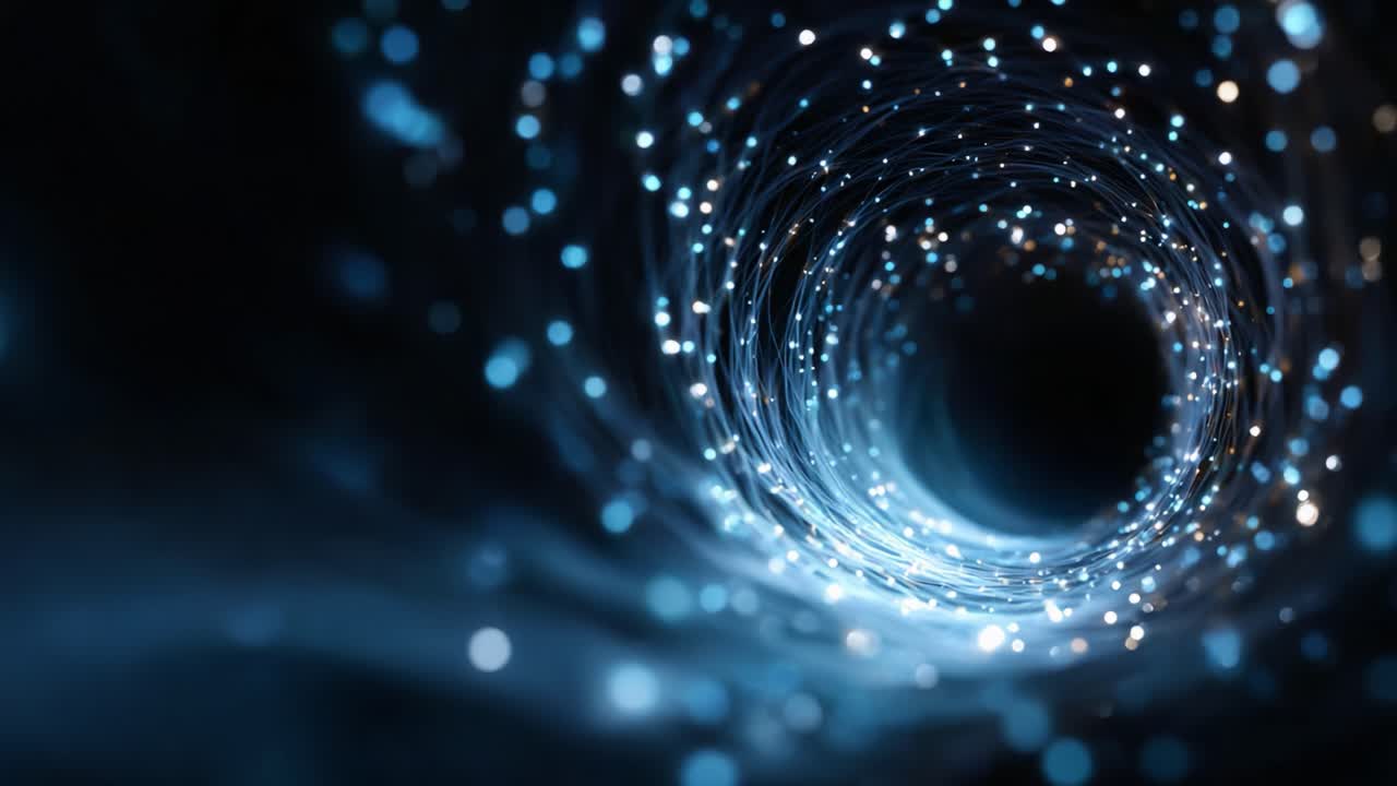 A mesmerizing vortex of light particles plunges into an abyss, captivating with its swirling energy and vibrant hues, inviting exploration into the unknown