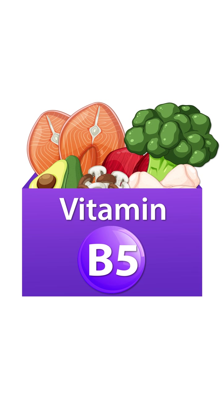 Una scatola viola di vitamina B5 si apre animandosi, rivelando salmone, broccoli, verdure e un'etichettatura chiara del prodotto.