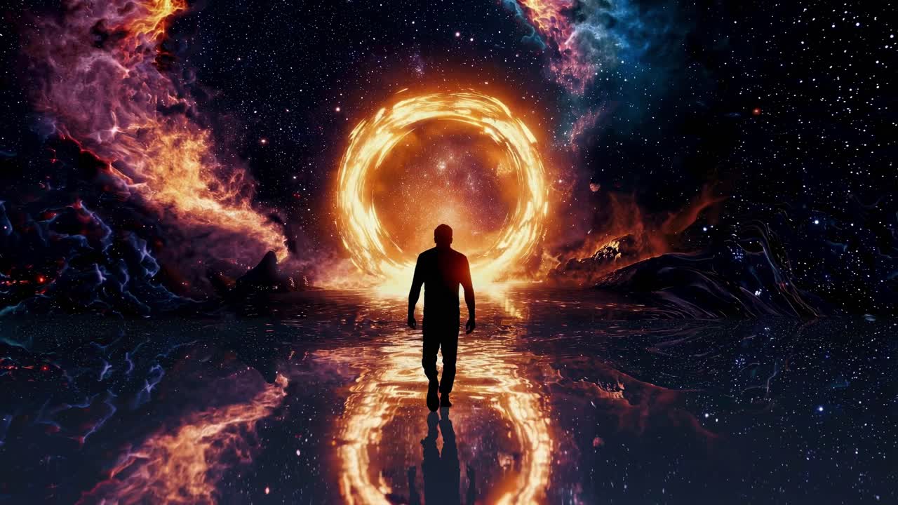 A silhouette walks towards a fiery portal in a cosmic landscape