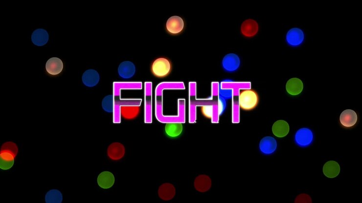 Animazione del testo "fight" in lettere metalliche rosa su punti di luce.