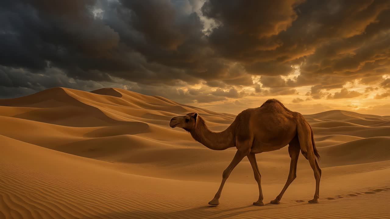 Un fotogramma video cinematografico di un cammello che cammina tra le vaste dune del deserto al tramonto, ripreso dal basso