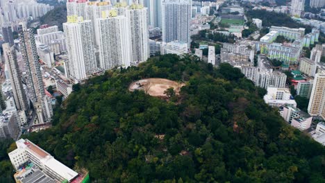 Drone-view-of-an-hill-full-of-trees-and-with-a-historic-site-at-the-top-,-standing-in-a-middle-of-a-city-during-the-day