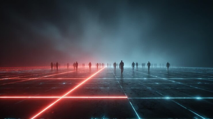 A Dystopian Gathering in a Neon-Lit Environment: Individuals Stand Amidst a Futuristic Grid of Striking Red and Blue Lights, Shrouded in a Mysterious Atmosphere