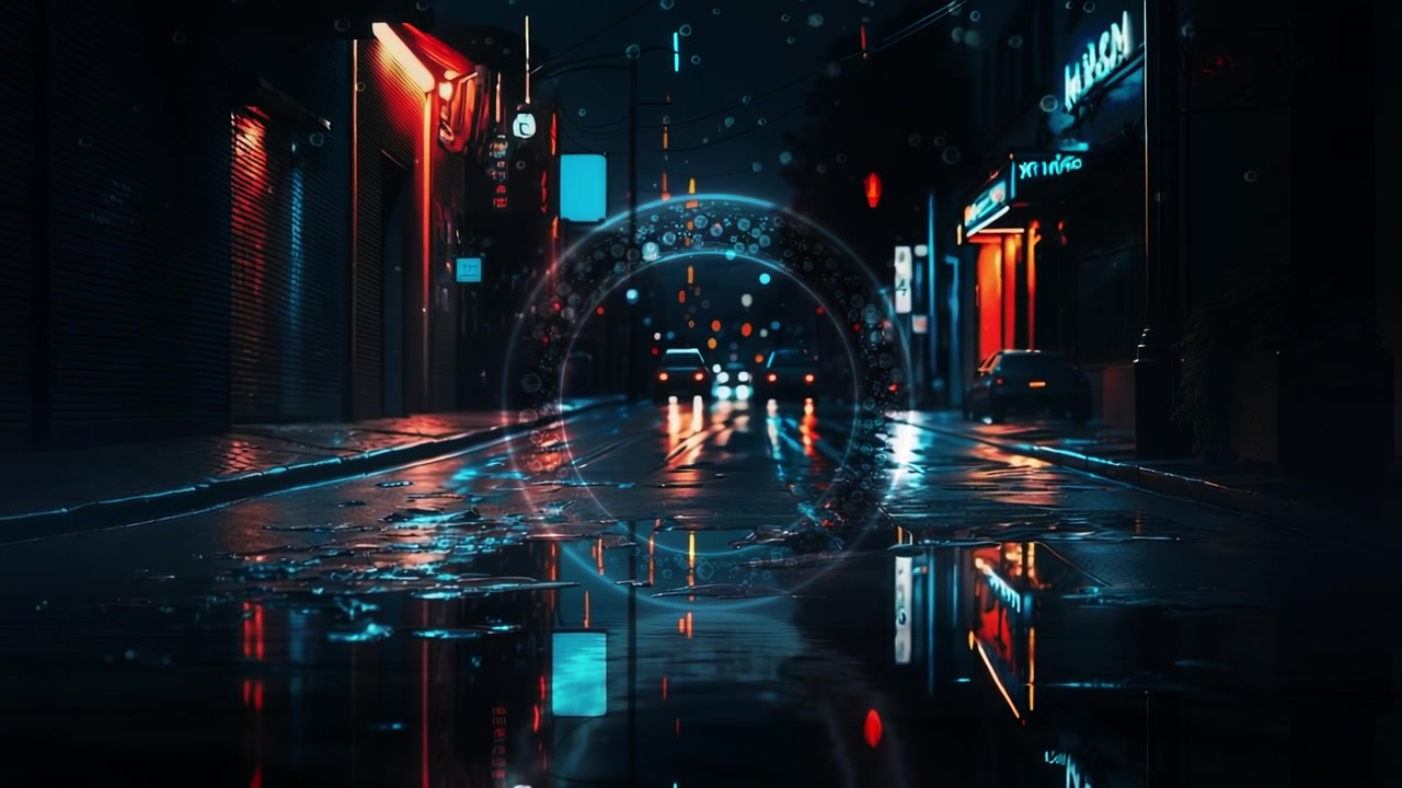 Digital sphere pulsating in neon-sign-lined alley, lighting wet pavement, headlight glimmers