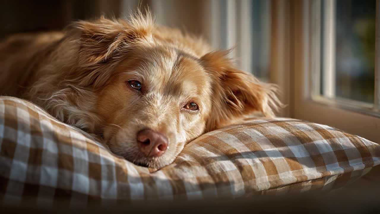 A Cozy Scene of a Relaxed Dog Sleeping Peacefully on a Soft Pillow by the Window, Bathed in Warm Light, Illustrating a Moment of Tranquility and Comfort