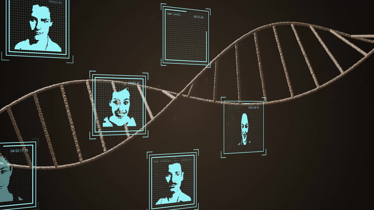 DNA strand with digital portraits, genetic data analysis animation
