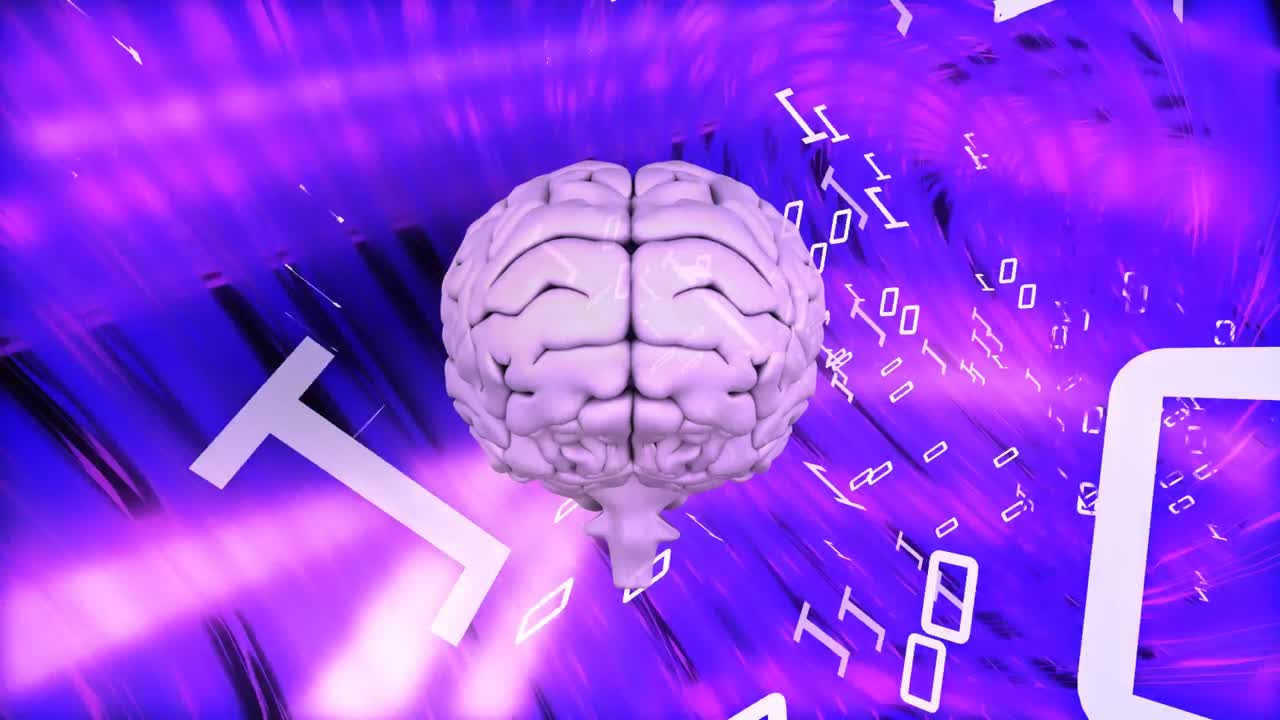 cerebro rodeado de códigos binarios en un fondo de color en movimiento