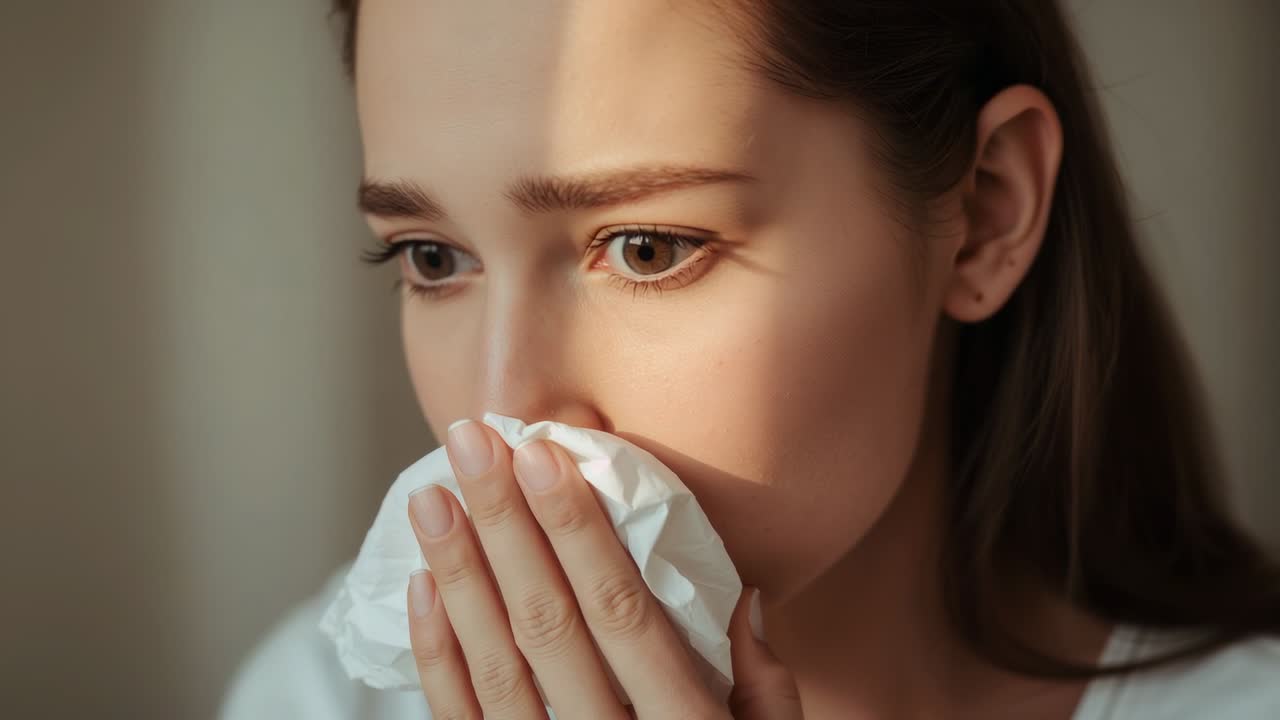 Sunlight casting warm band, woman holding crumpled white tissue pressing to nose, looking pensive