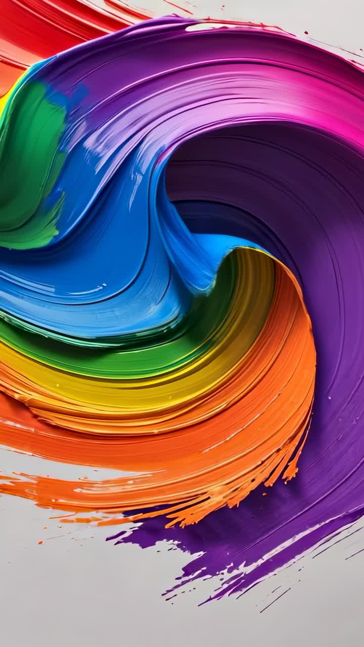 Vertical video: Appearing paint smear rotating and folding into S-shaped swirl on white canvas