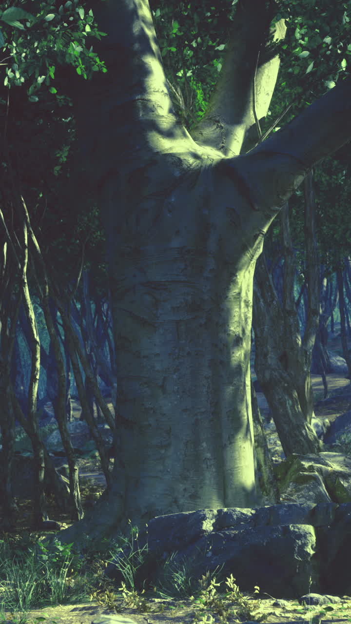 Mysterious forest at twilight revealing ancient trees and tranquil pathways