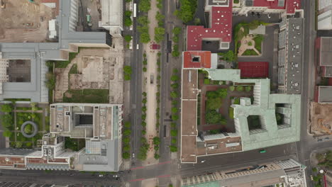 Empty-European-City-Street-in-Berlin-Central-during-Coronavirus-COVID-19-Pandemic-and-Stay-at-Home-regulation-in-May-2020,-Aerial-Birds-Eye-Overhead-Top-Down-View