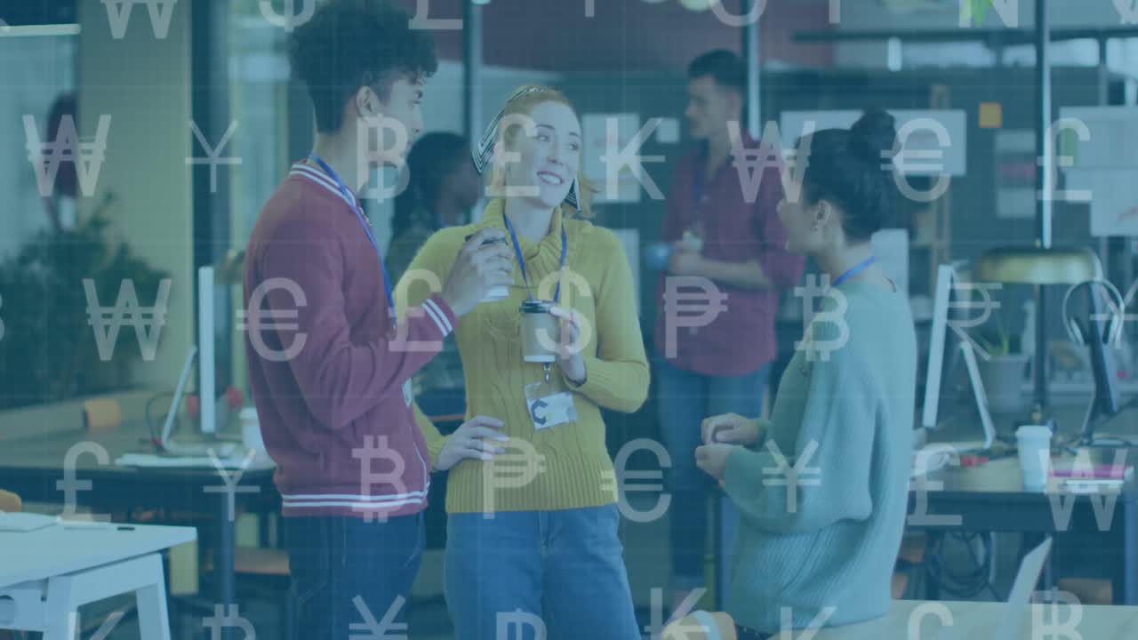 사무실에서 일하는 다양한 비즈니스 사람들에 대한 데이터 처리의 애니메이션