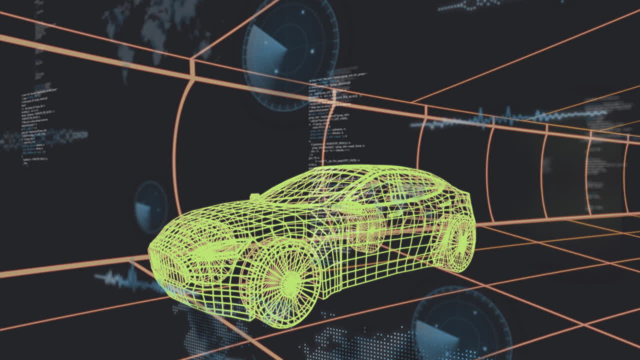 Neon green 3D wireframe sports car hovering in orange grid tunnel, showing blue holographic data