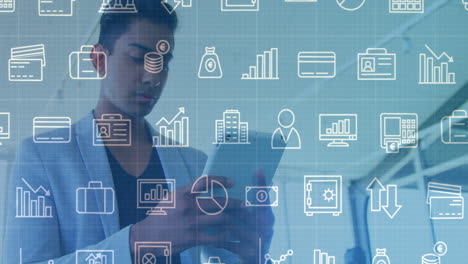 using tablet, business professional analyzing financial data with animation overlay