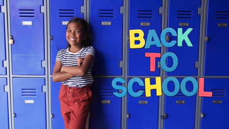 animation of back to school text over biracial schoolgirl smiling