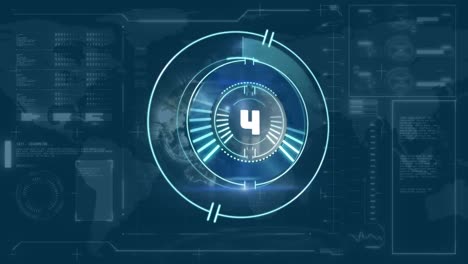 Countdown-timer-on-round-scanner-over-spinning-globe-against-digital-interface-with-data-processing