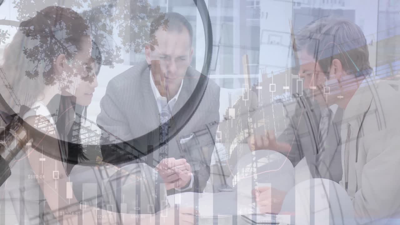 사무실에서 이야기하는 사업가들에 대한 통계처리 및 확대 유리 애니메이션