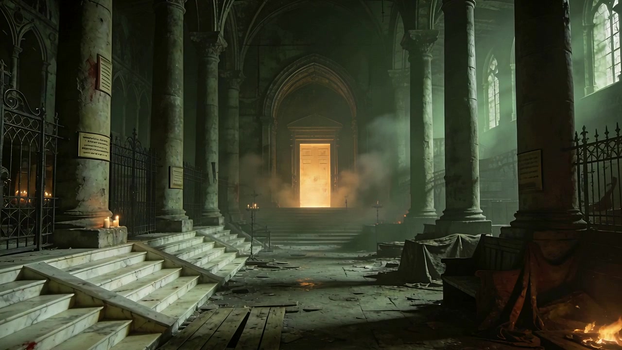 Disegno di un portale luminoso, navata centrale che si riempie di fumo fluttuante e candele accese in una chiesa gotica.