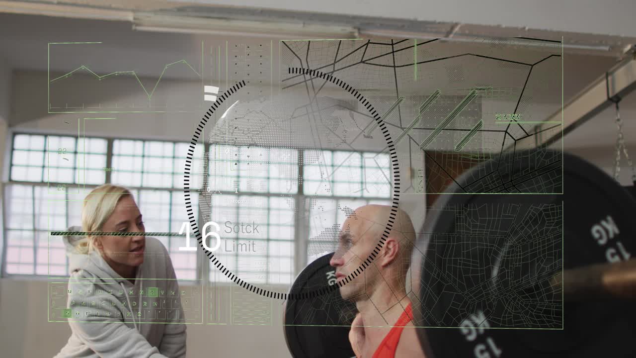 Coach tapping device activating HUD while male lifter holding bar in fitness tracking reps for form