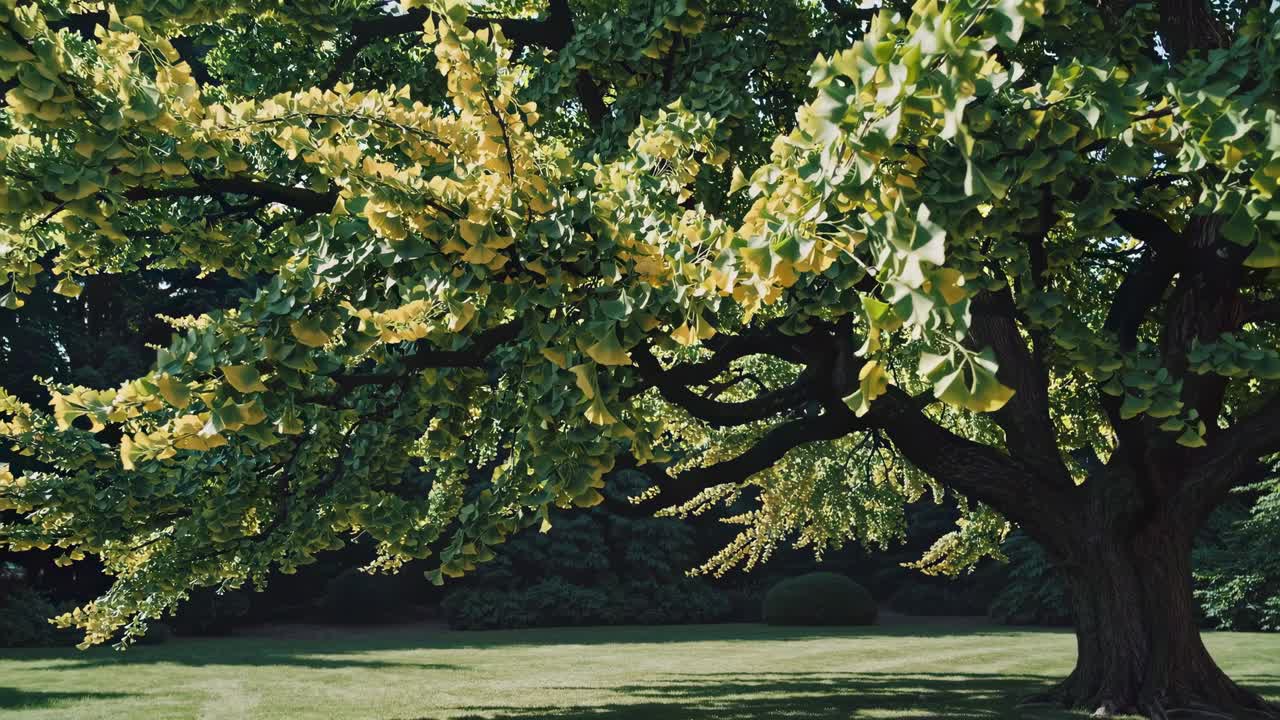 황금색과 초록색 잎을 가로질러 흐르는 부드러운 빛은 계절에 따라 색이 바뀌는 동안 평화로운 공원 풍경을 조명합니다.
