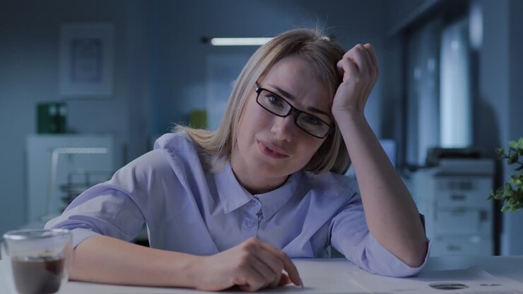 Donna d'affari stressata e stanca seduta alla postazione di lavoro in ufficio che piange guardando la telecamera